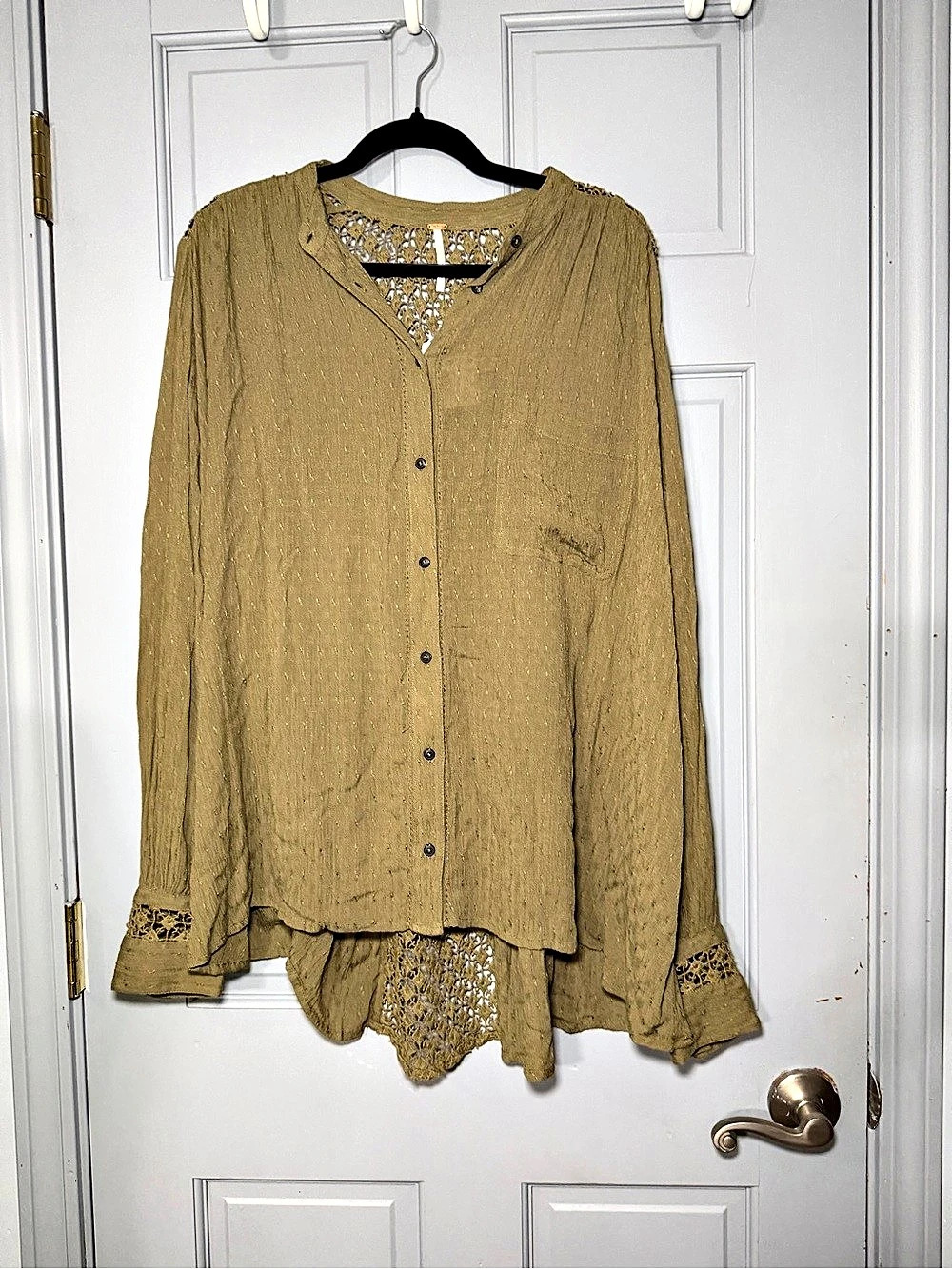 Free People The Best Button Down Lace Detail Blouse Green Medium